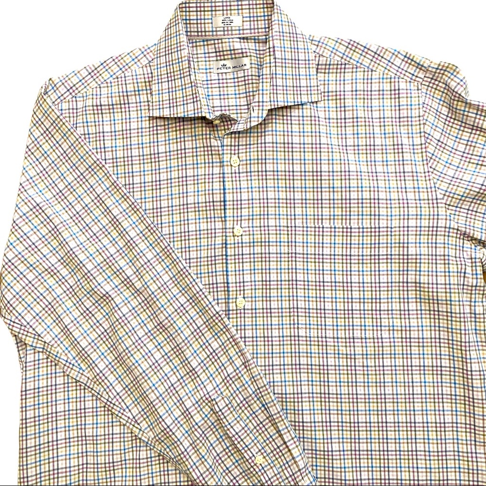 Peter Millar Crown Stretch Check Shirt Mens Size Large Cotton Long Sleeve Button